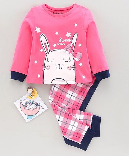 Babyoye Supima Cotton Full Sleeves Night Suit Bunny Print - Blue Pink