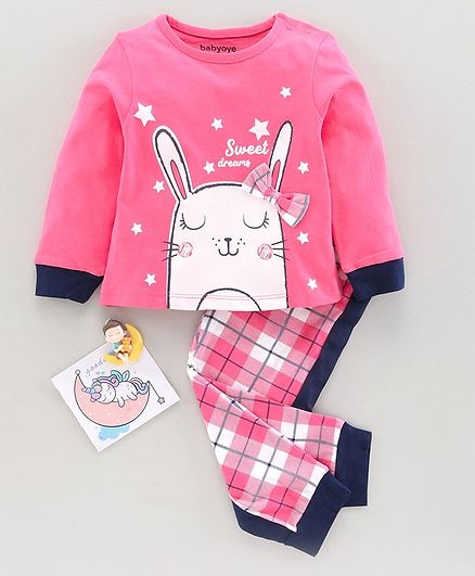 Babyoye Supima Cotton Full Sleeves Night Suit Bunny Print - Blue Pink