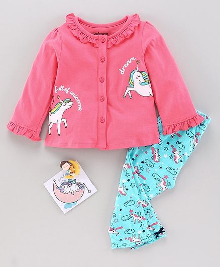 Babyoye Full Sleeves Night Suit Unicorn Print - Pink Blue