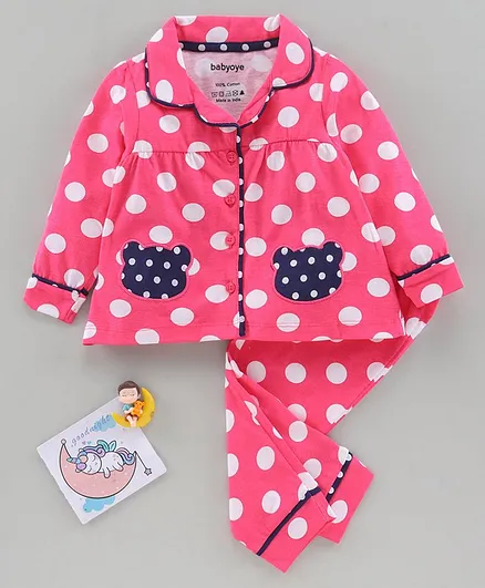 Babyoye Full Sleeves Anti Bacterial Night Suit Polka Dot Print - Pink