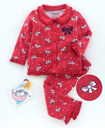 Babyoye Cotton Full Sleeves Anti Bacterial Night Suit Bow Print - Red
