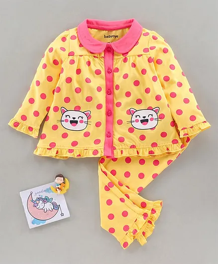 Babyoye Full Sleeves Anti Bacterial Night Suit Polka Dot Print - Yellow