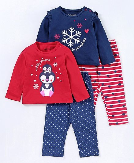 Babyoye Full Sleeves Anti Bacterial Night Suit Snow Flake Print Pack of 2 - Red Navy Blue