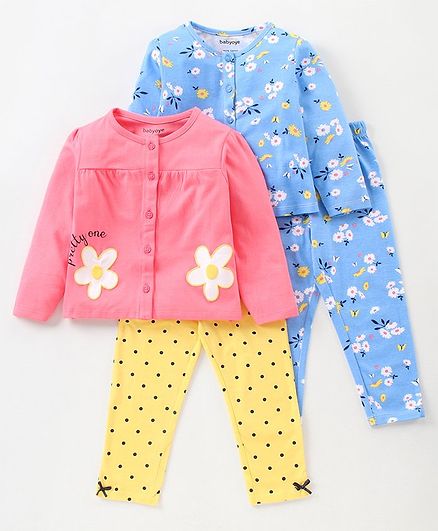Babyoye Full Sleeves Night Suits Floral Print Set of 2 - Pink Blue