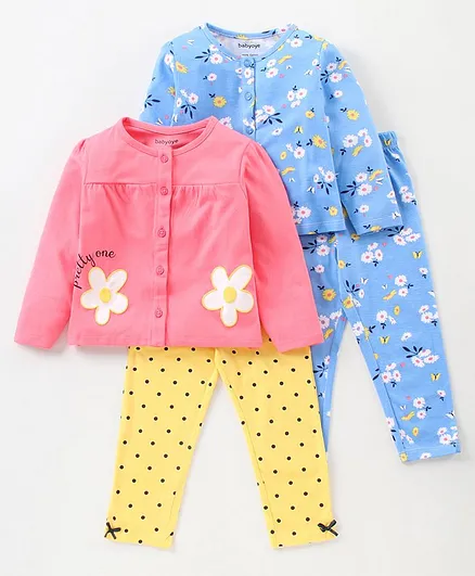 Babyoye Full Sleeves Anti Bacterial Night Suits Floral Print Set of 2 - Pink Blue