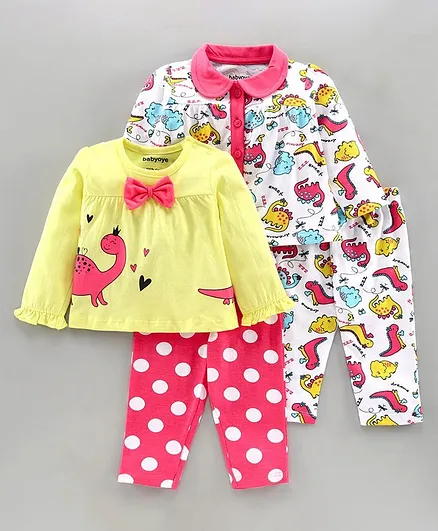 Babyoye Full Sleeves Night Suits Dino Print Pack of 2 - Yellow White