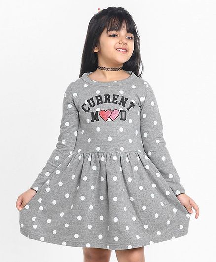 Pine Kids Full Sleeves Biowashed Frock Polka Dot Print - Grey