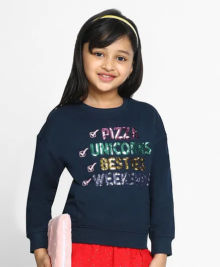 Pine Kids Full Sleeves Biowash Sweatshirt Sequin Text Design - Navy Blue