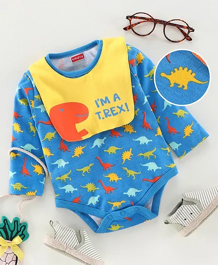 Babyhug 100% Cotton Full Sleeves Short Onesie with Bib Dino Print - Blue