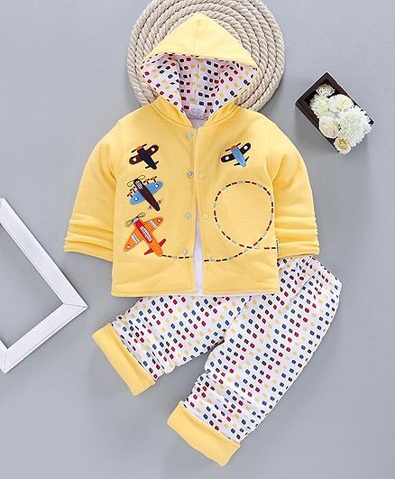 Child World Full Sleeves Hooded Winter Wear Suit Aeroplane Patch - Yellow