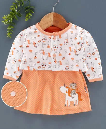 Child World Frock With Full Sleeves Shrug Unicorn Patch - Orange White