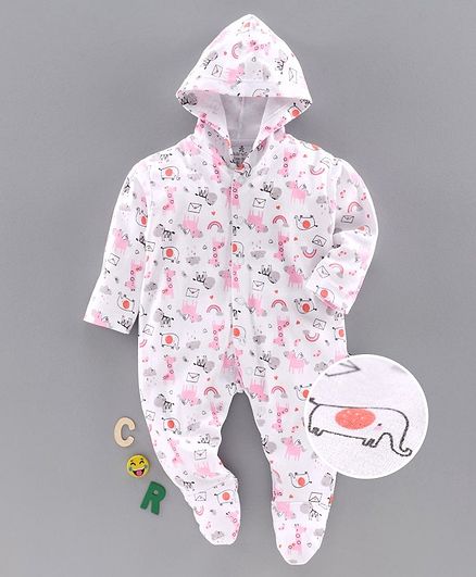 Child World Full Sleeves Sleepsuit Animal Print - White Pink