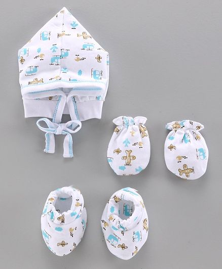 Child World Cap Mitten and Booties Set Aeroplane Print Blue - Diameter 12 cm