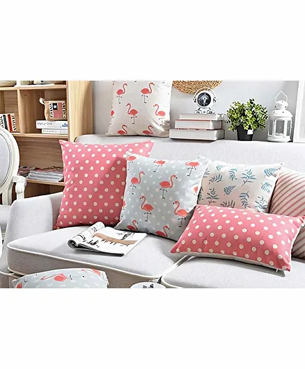 Elementary Premium Cotton Tropical Theme Cushion Covers Pack of 6 - Pink Green & White