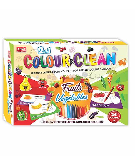 Ankit Toys 2 in 1 Fruits & Vegetables Theme Colour & Clean Kit - 24 Cards