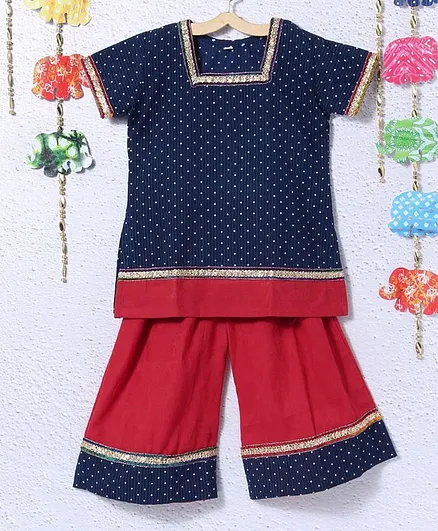 Kidcetra Polka Dot Print Half Sleeves Kurti With Palazzo Set - Blue And Red