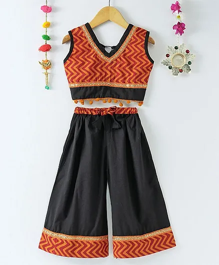 Kidcetra Chevron Back Tie Crop Sleeveless Choli Top With Palazzo - Black & Rust - Black And Rust
