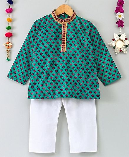 Kidcetra Printed Full Sleeves Kurta With Pajama - Green