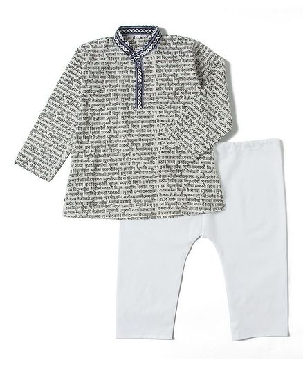 Kidcetra Mantra Printed Full Sleeves Kurta With Pajama - Grey
