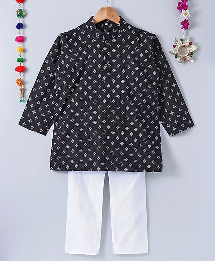 Kidcetra Full Sleeves Printed Kurta With White Pajama - Black & White