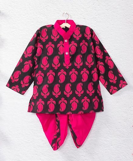 Kidcetra Paisley Printed Full Sleeves Kurta With Dhoti - Black & Pink