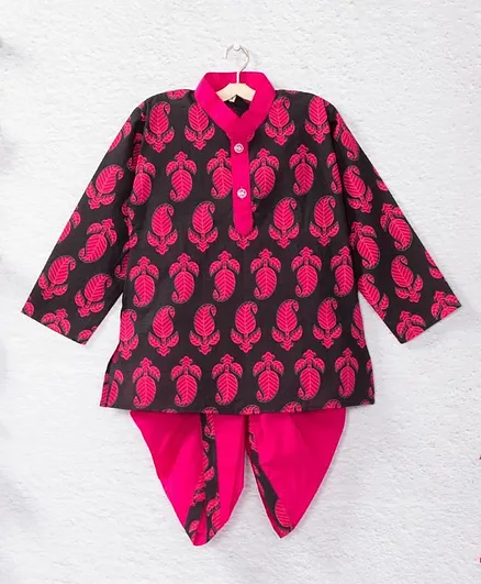 Kidcetra Paisley Printed Full Sleeves Kurta With Dhoti - Black & Pink