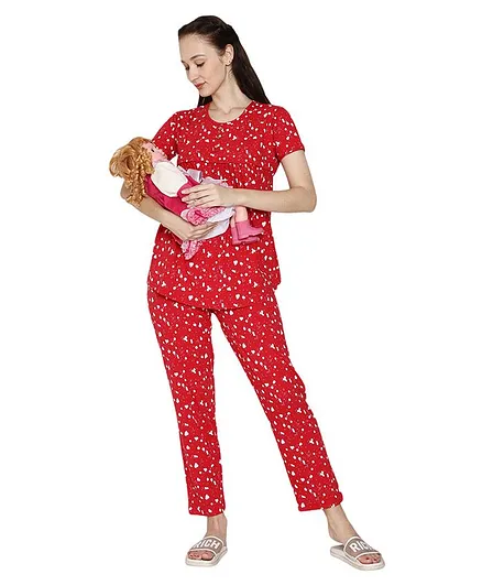 Mommy Fash'n Half Sleeves Floral Print Organic Cotton Night Suit - Red