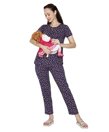 Mommy Fash'n Half Sleeves Floral Print Organic Cotton Night Suit - Blue