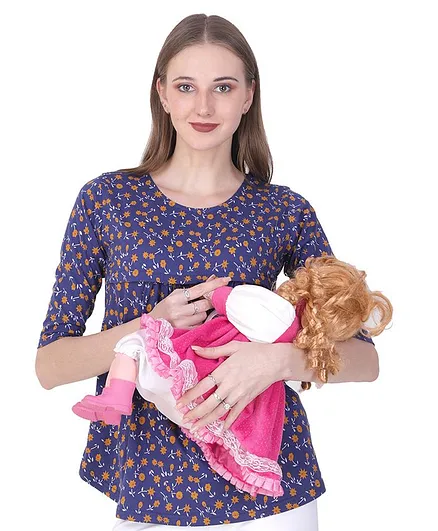 Mommy Fash'n Half Sleeves Floral Print Organic Cotton Maternity Top - Blue