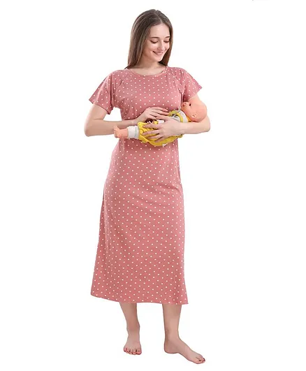 Piu Half Sleeves Dots Print Maternity Nighty - Pink