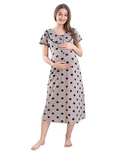 Piu Half Sleeves Dots Print Maternity Nighty - Grey
