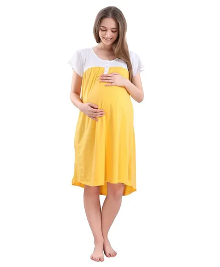 Piu Half Sleeves Color Block Maternity Nighty - Yellow