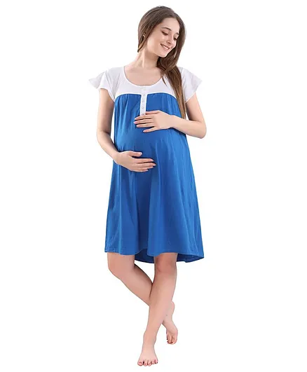 Piu Half Sleeves Color Block Maternity Nighty - Blue