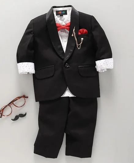 Robo Fry Full Sleeves 3 Piece Party Wear Suit With Bow - Black