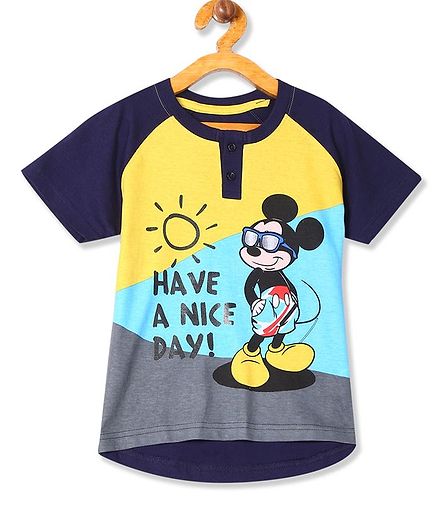 Colt Raglan Half Sleeves Mickey Mouse Printed Henley Tee - Dark Blue