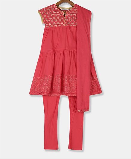 Karigari Short Sleeves Lotus Print Detailing Kurta With Churidar & Dupatta - Pink