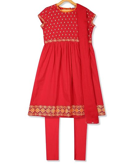 Karigari Short Sleeves Printed Kurta With Churidar & Dupatta - Red