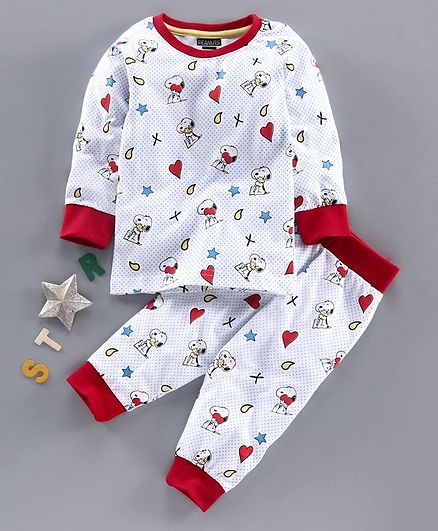 Eteenz Full Sleeves Night Suit Snoopy Print - White & Red