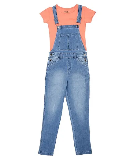 GINI & JONY Short Sleeves Top With Distressed Dungaree - Blue
