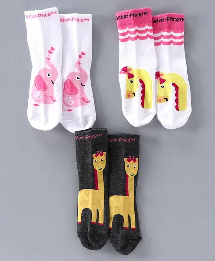 Bonjour Ankle Length Socks Giraffe & Elephant Design Pack of 3 - Dark Grey White