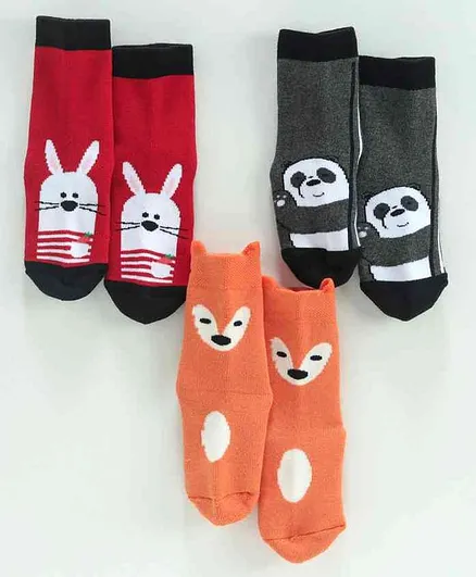 Bonjour Ankle Length Animal Design Socks Set of 3 Pairs - Red Orange Grey