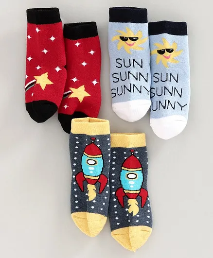Bonjour Ankle Length Multi Design Socks Set of 3 Pairs - Red Blue