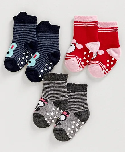 Bonjour Ankle Length Socks Pack of 3 - Blue Red Grey
