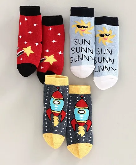 Bonjour Multi Design Ankle Length Socks Set of 3 Pairs - Black Red