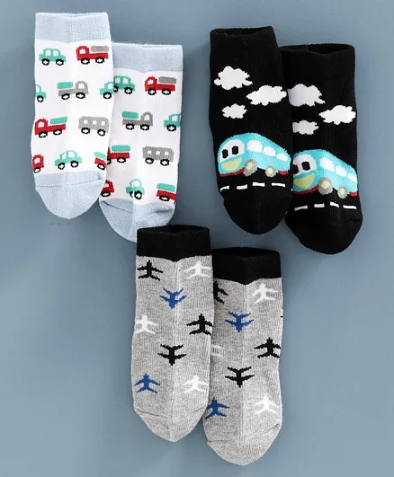 Bonjour Vehicles Design Ankle Length Socks Set of 3 Pairs - Black Grey