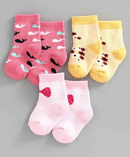 Bonjour Ankle Length Socks Pack of 3 - Pink Yellow
