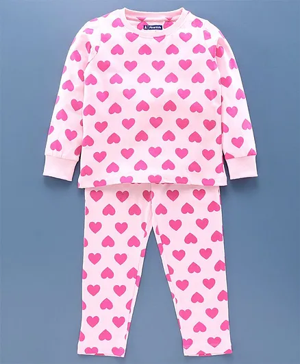 Pine Kids Full Sleeves Biowashed Night Suit Heart Print - Pink