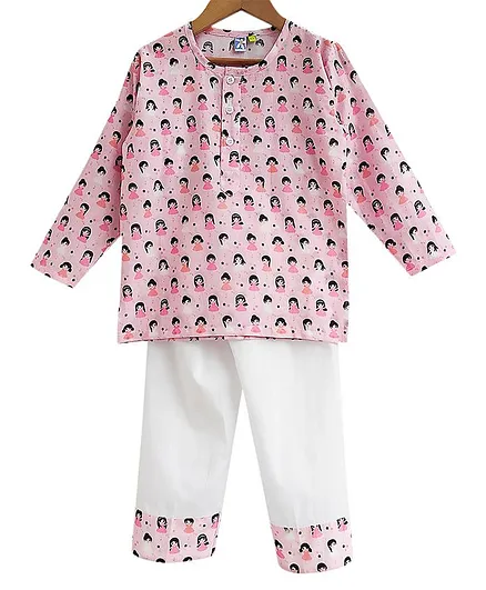 Frangipani Kids Doll Print Full Sleeves Kurta With Pyjama - Pink