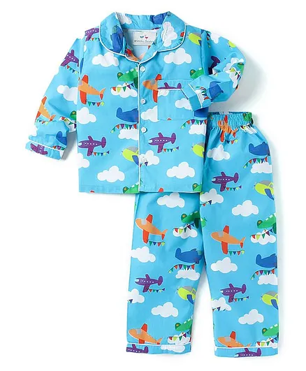 Knitting Doodles Full Sleeves Aeroplane Print Night Suit - Turquoise