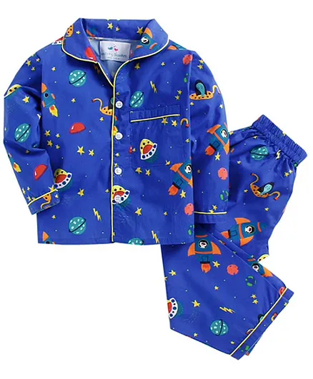 Knitting Doodles Full Sleeves Space Print Night Suit - Dark Blue